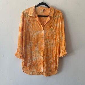 Pilcro Orange and White 3/4 Sleeve Button Down Shirt